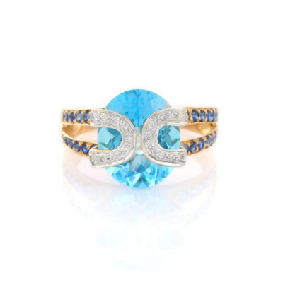 Designer Blue Topaz Ring with Diamonds and Blue Sapphires